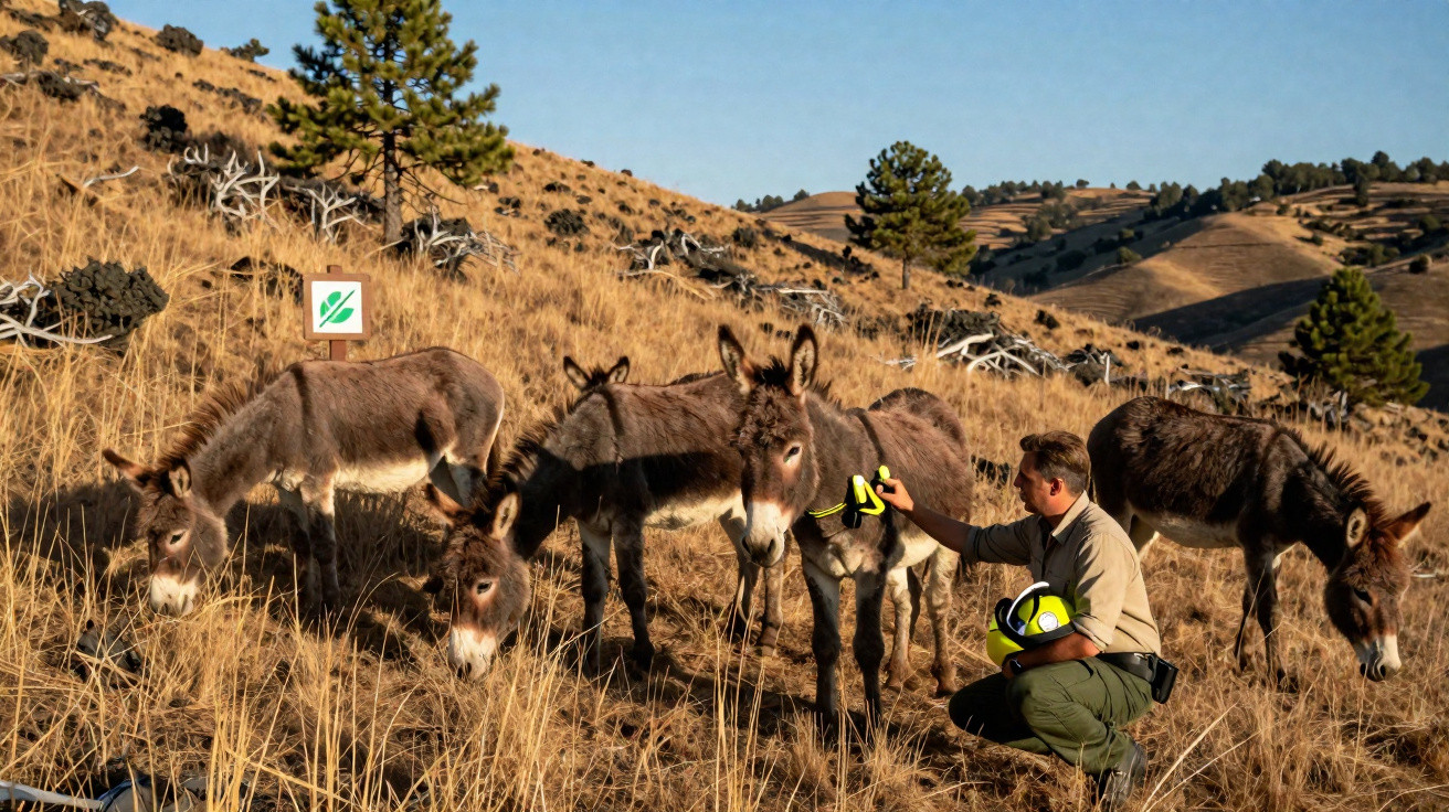 A man kneeling fitting yellow tracking devices on a group of five donkeys in a dry, grassy hillside area.