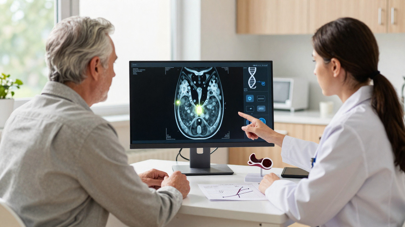Doctor explaining brain scan results to senior male patient in a medical office with digital display.