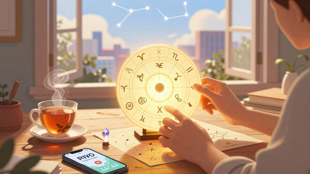 Person interacting with a glowing zodiac wheel on a desk with tea, crystals, star charts, and a calling smartphone nearby.
