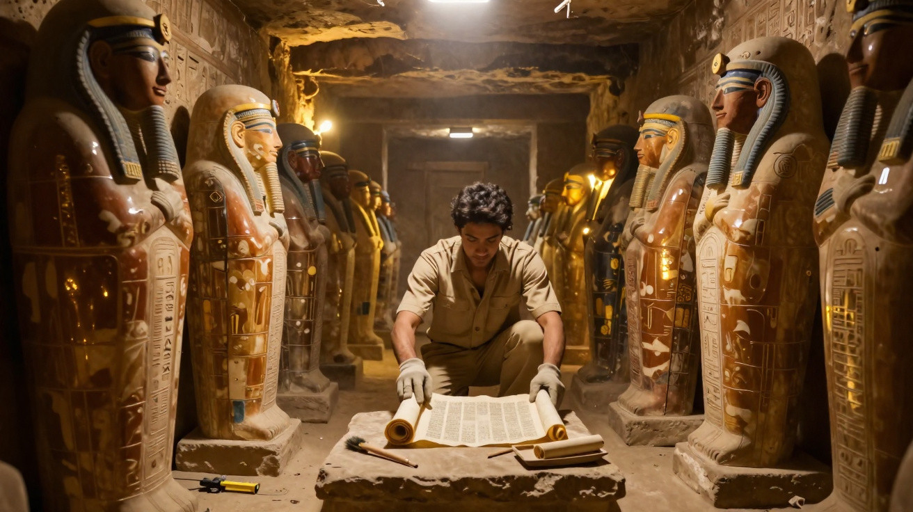 Man unrolling an ancient scroll in a dimly lit Egyptian tomb surrounded by sarcophagi statues.