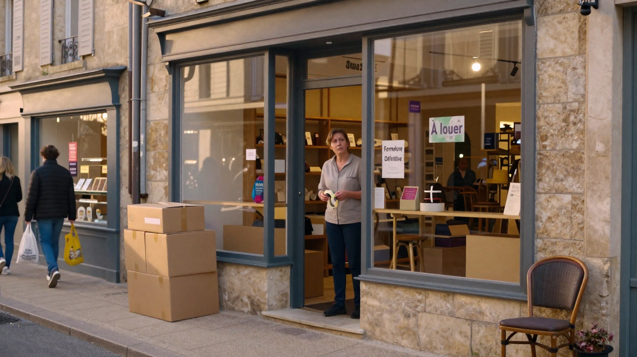 Woman standing in the doorway of a shop with moving boxes and closure signs in French on the windows.