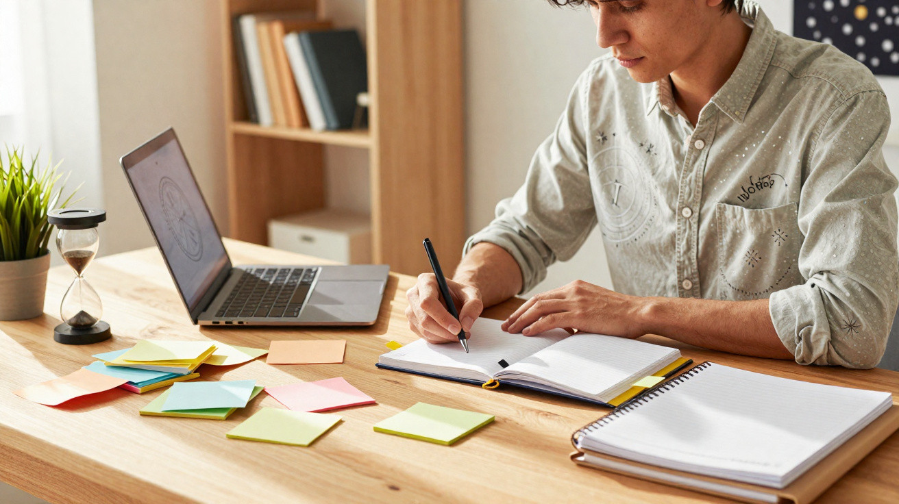 Young man writing in notebook at desk with laptop, sticky notes, and hourglass in well-lit room.