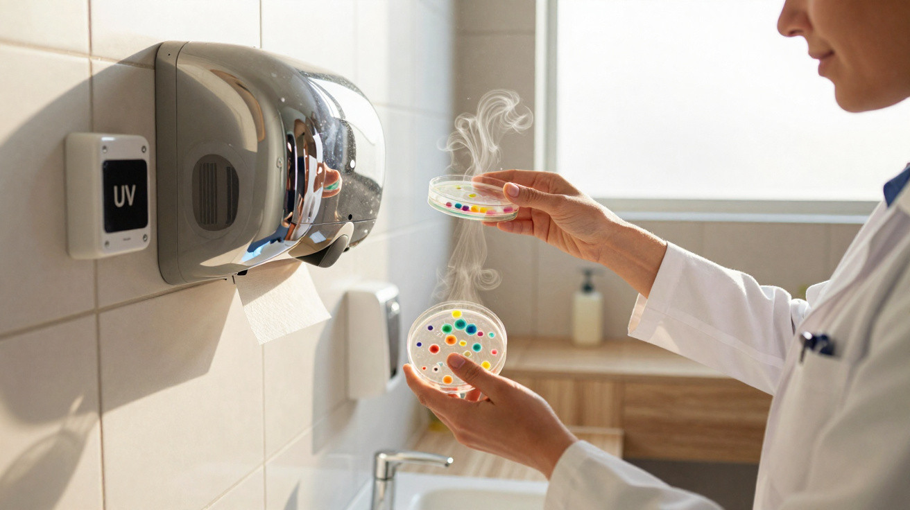 Scientist holds steaming petri dishes with colourful bacterial colonies near a UV hand dryer in a lab bathroom.