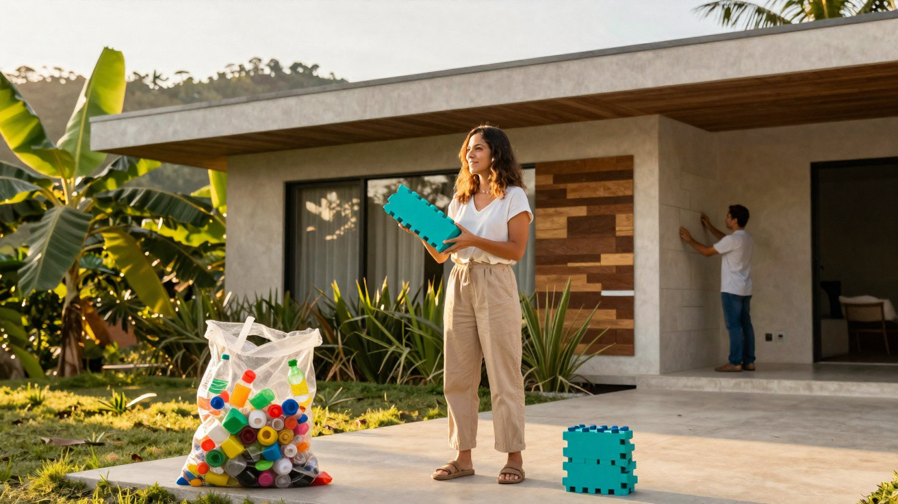 Woman holding large blue puzzle piece outdoors near modern house with man fixing wall in background.