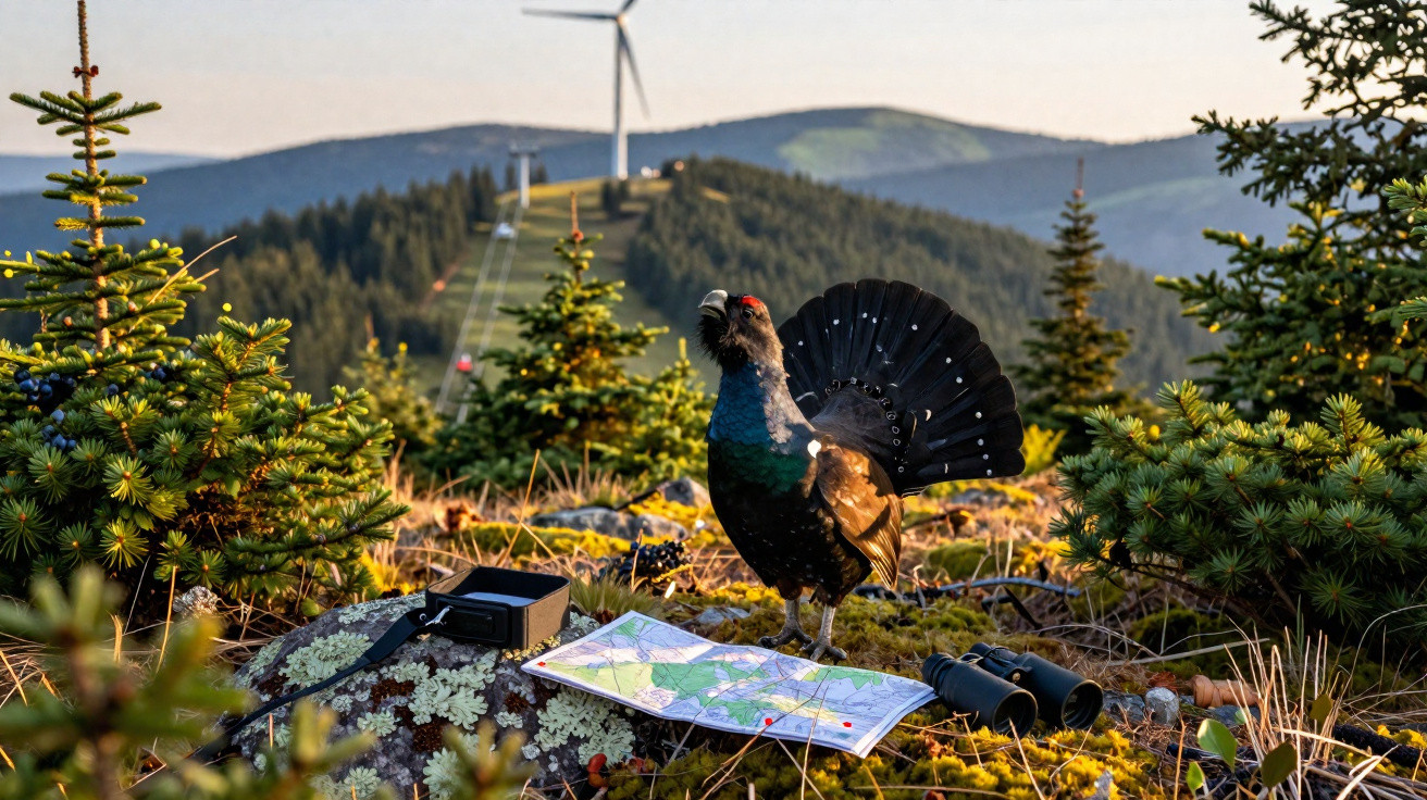 Black grouse standing on mossy ground next to a map, binoculars, and a camera with forested hills and wind turbines in backgr