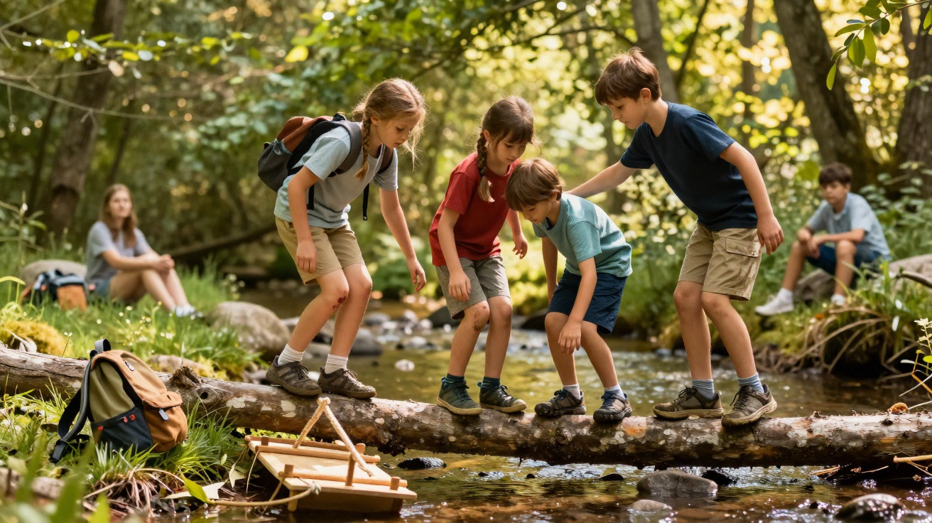 Four children balancing on a log over a stream while two others sit on the riverbank in a forest.