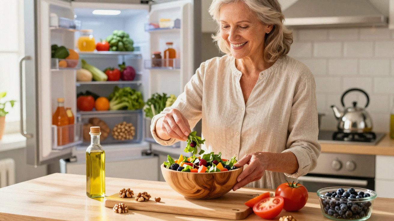 Smiling elderly woman preparing fresh vegetable and fruit salad in kitchen near open fridge.