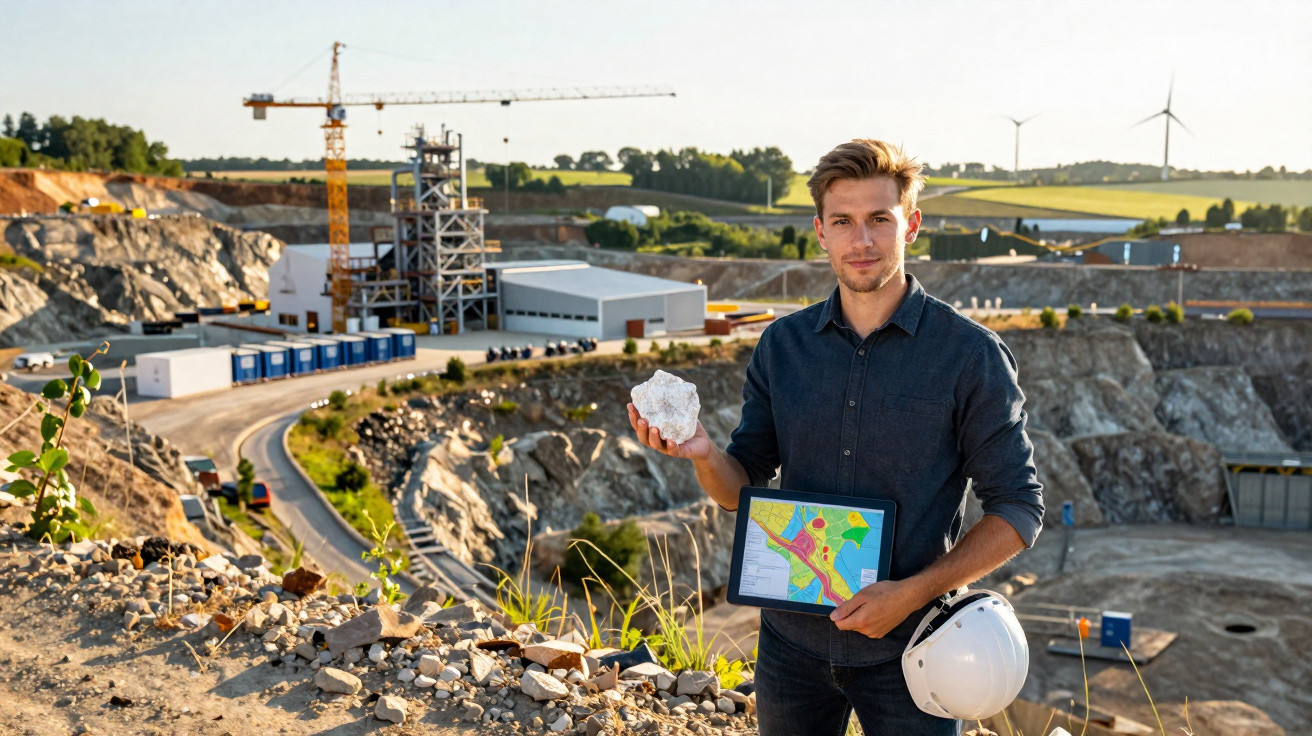 Man holding rock and tablet with quarry site in background, wind turbines and construction crane visible.