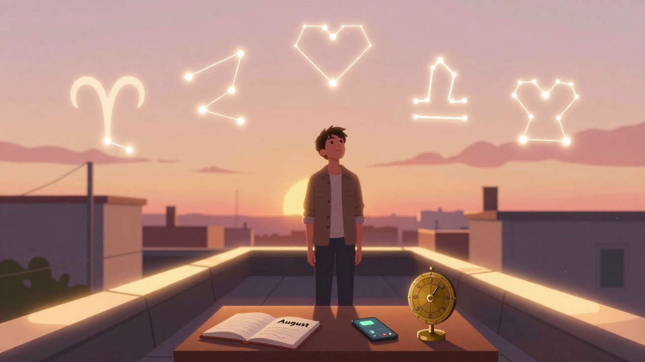 Young man stands on rooftop at sunset with zodiac constellations glowing above him.