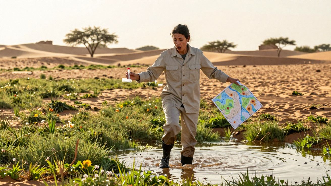 Person holding a map and stamp, stepping into a small waterhole in a desert with sparse vegetation.