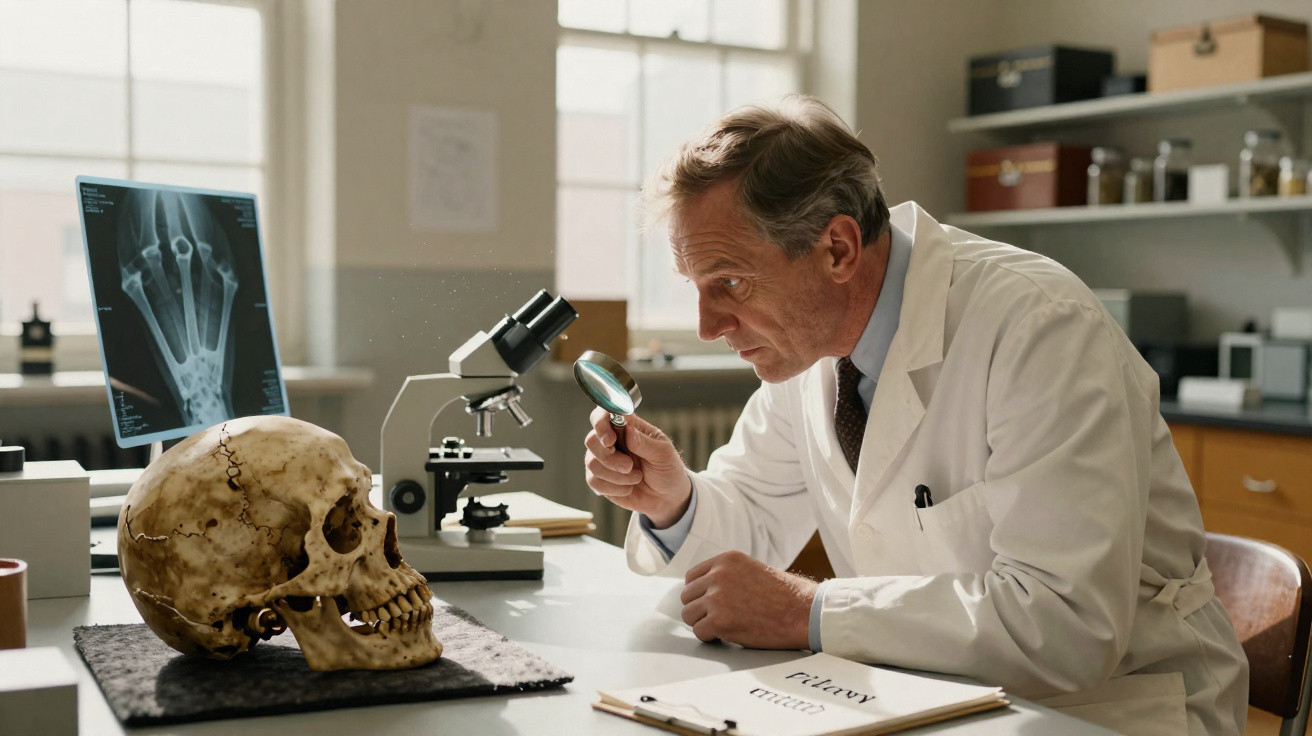 Scientist in a lab coat examining a human skull with a magnifying glass next to a microscope and X-ray on a table.