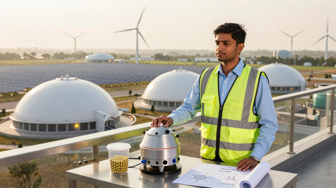 Engineer in high-visibility vest working with equipment at renewable energy plant with biogas domes and wind turbines.