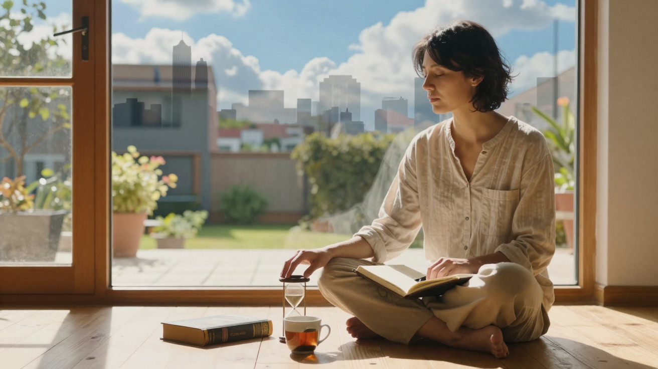 Woman sitting cross-legged on wooden floor by glass door, reading a book with a tea cup and hourglass nearby.