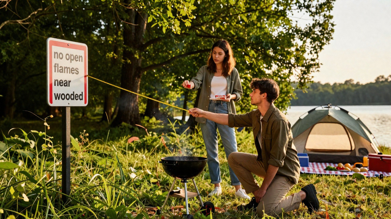 Two people barbequing near a lake with a "no open flames near wooded" sign beside them.