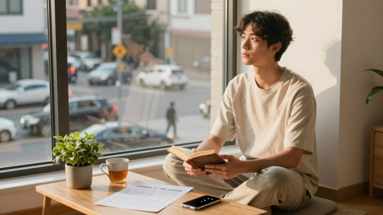 Young man in beige clothes sitting by a window, holding a book, with tea and phone on the table nearby.