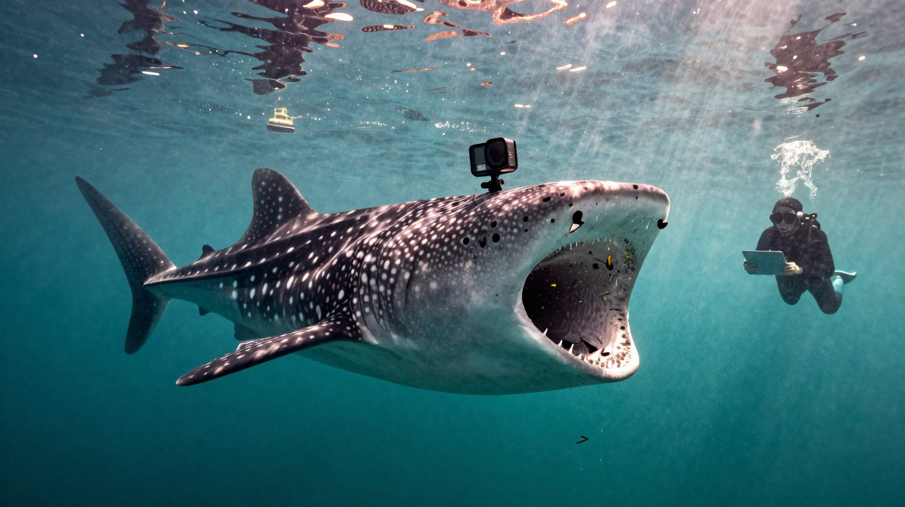 Whale shark with a camera on its head swimming near a diver holding an underwater tablet in clear blue water.