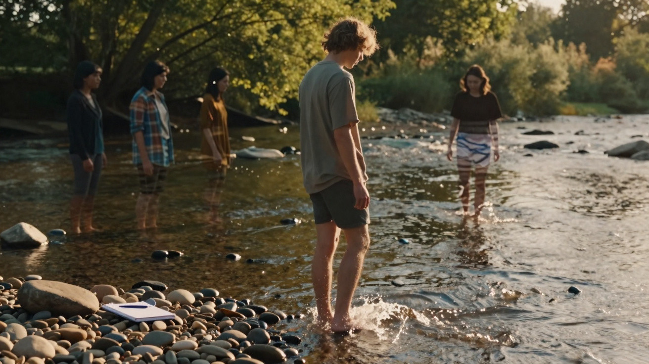 Five people standing and wading in a shallow river surrounded by trees and rocks during sunset.