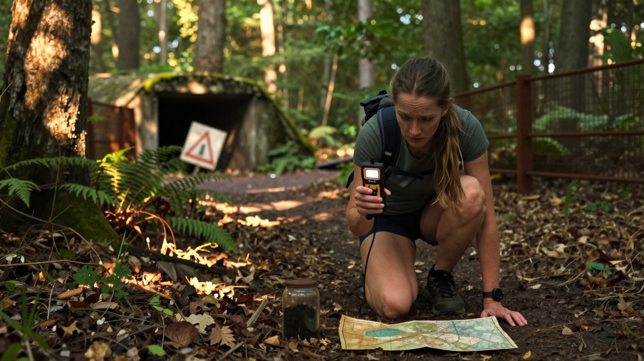 Woman crouching on a forest path using a GPS device next to a map and a jar filled with soil.