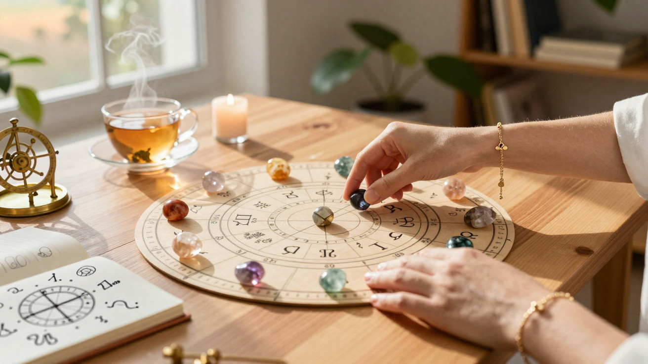 Person using a zodiac wheel with colourful crystals on a wooden table next to a steaming cup of tea and candle.
