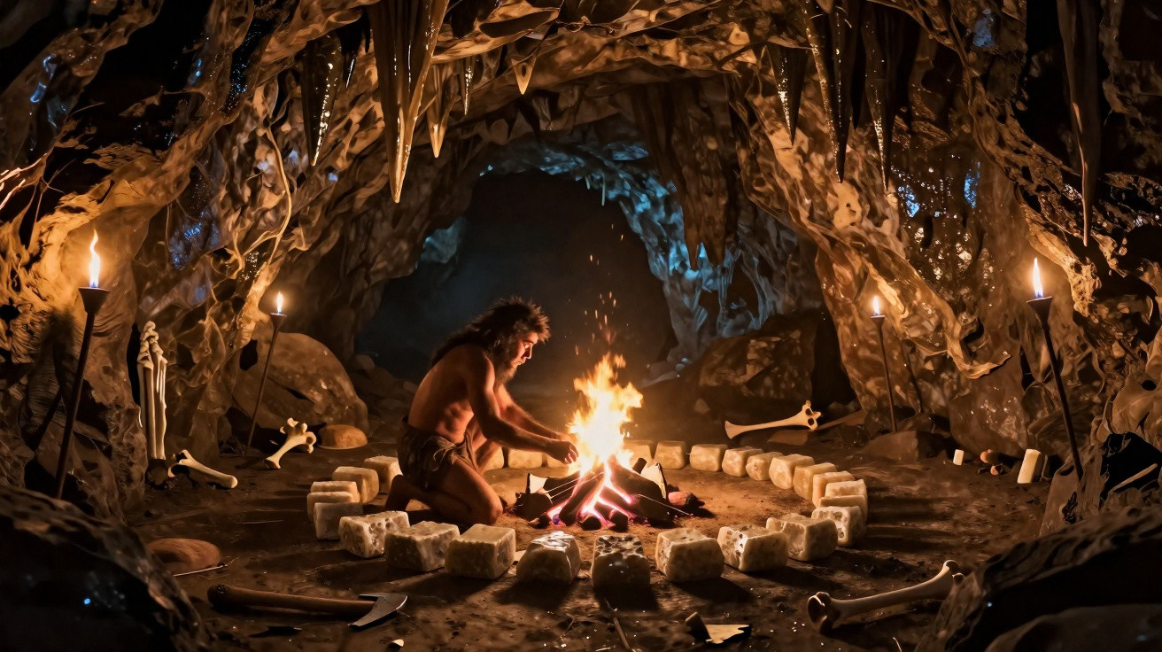 Caveman tending a fire inside a dimly lit cave surrounded by bones, stones, and torches.