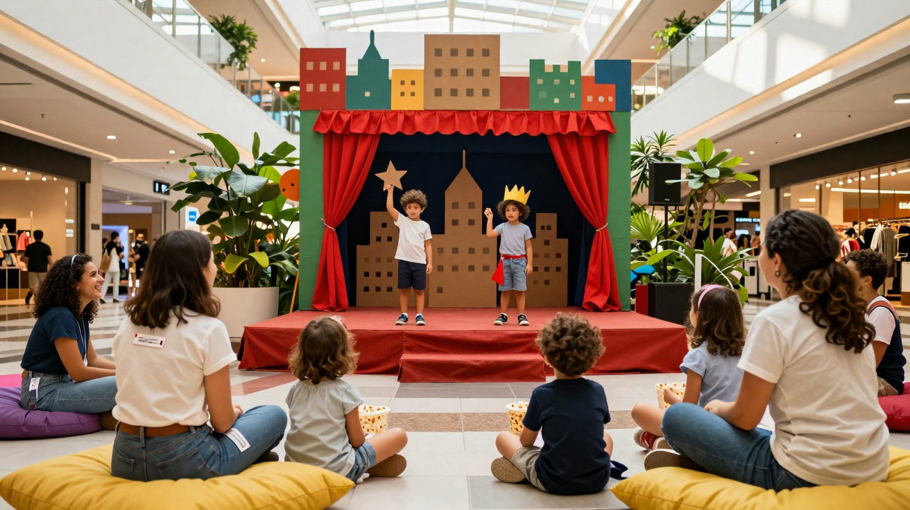 Two children perform on a small stage while a seated group of kids and adults watch in a shopping mall.