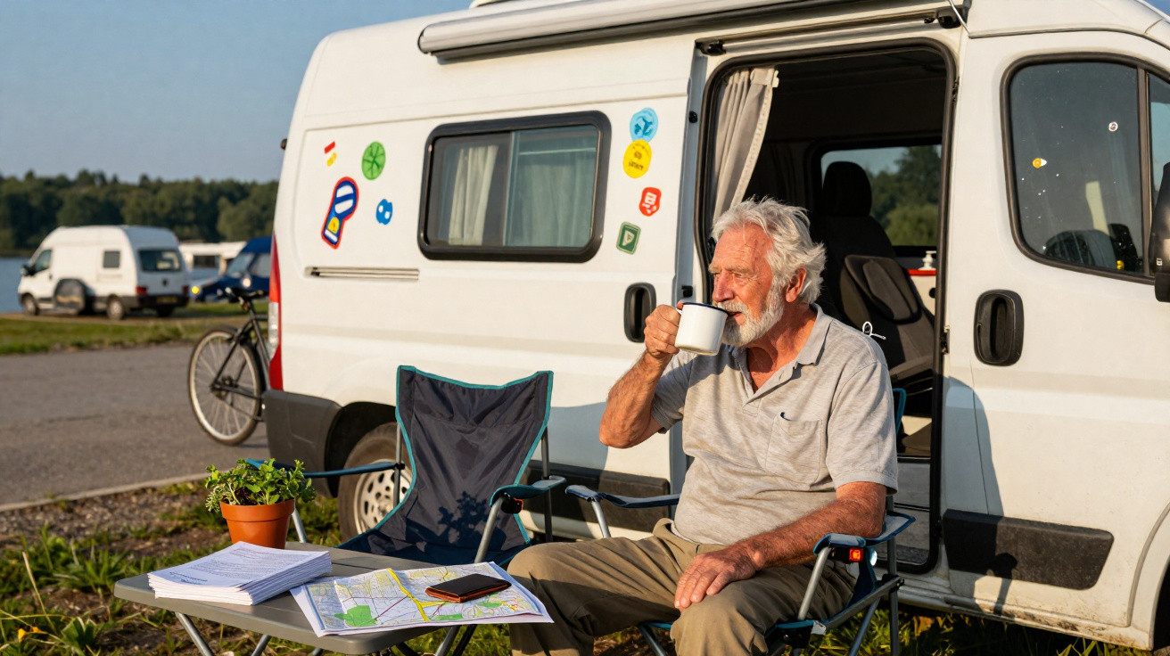 Elderly man drinking from a mug while sitting outside a white campervan with maps on a table nearby.