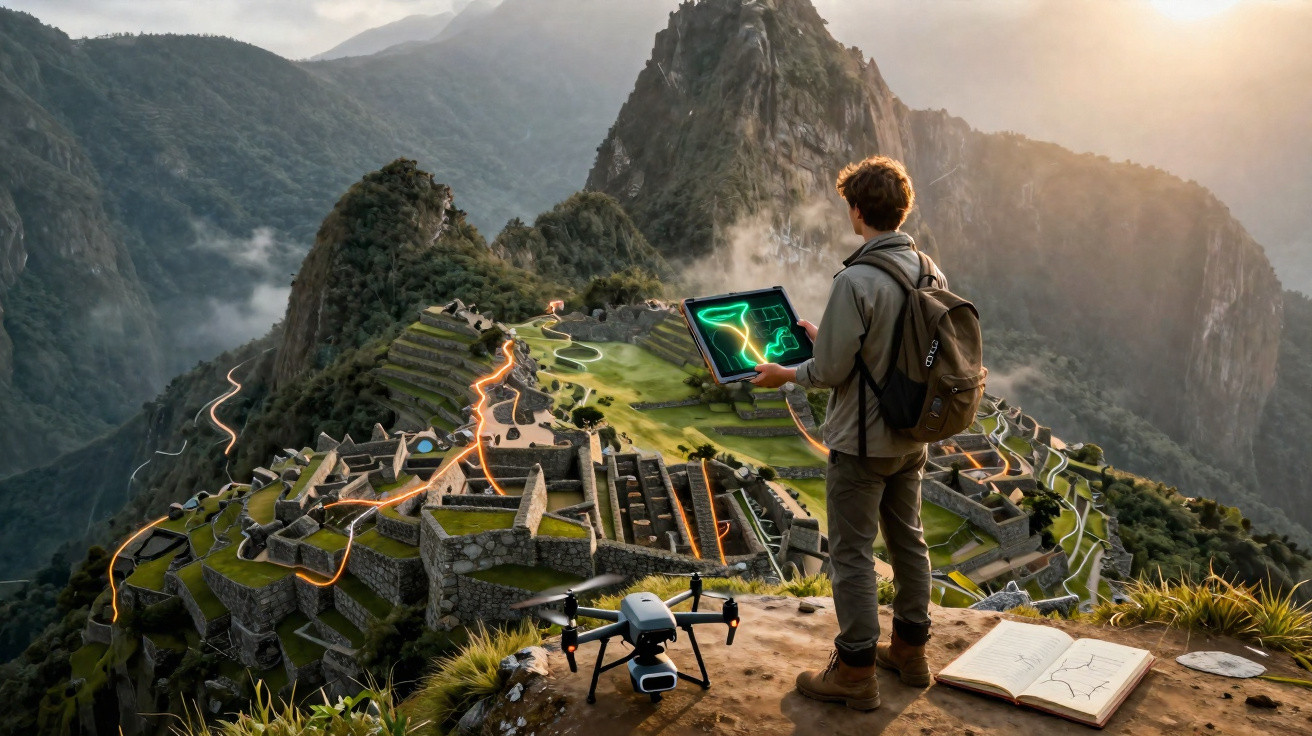 Person operating a drone with a tablet overlooking Machu Picchu ruins at sunrise in the Andes mountains.