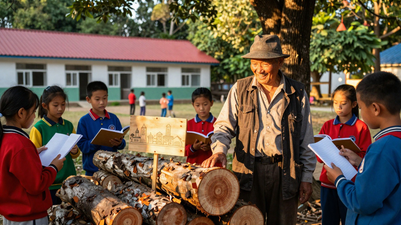 Elderly man teaching a group of children outdoors next to stacked logs with a tree drawing on a board.