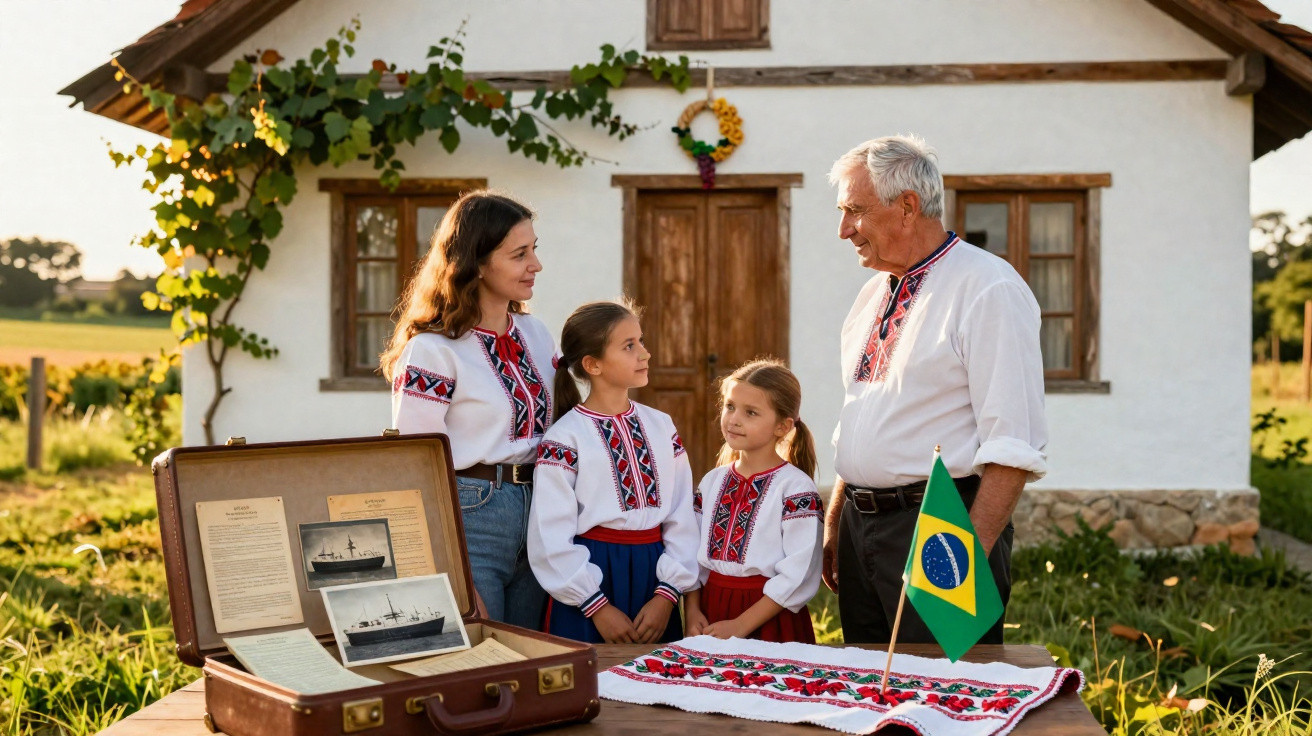 Family in traditional Eastern European clothing standing by a table with a Brazilian flag and vintage suitcase outdoors.