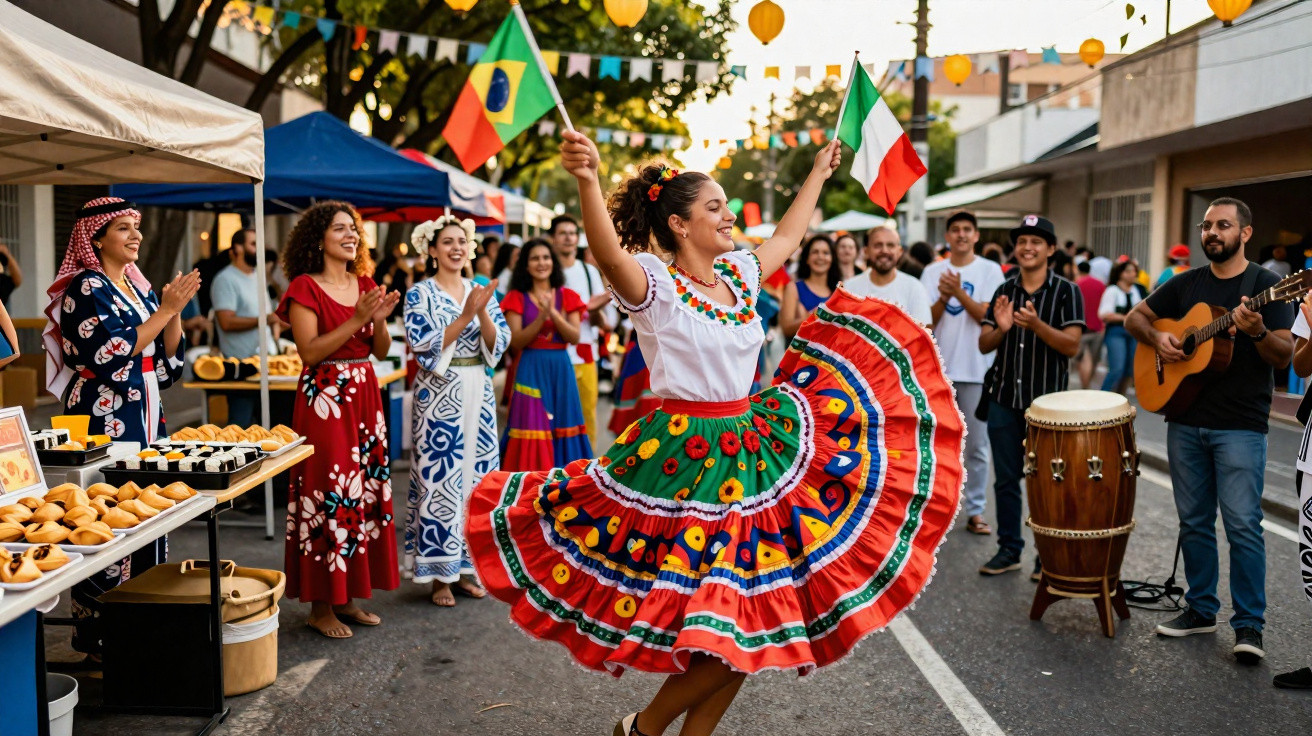 Woman in colorful dress dancing and holding Brazil and Italy flags at lively street festival with crowd and musicians.