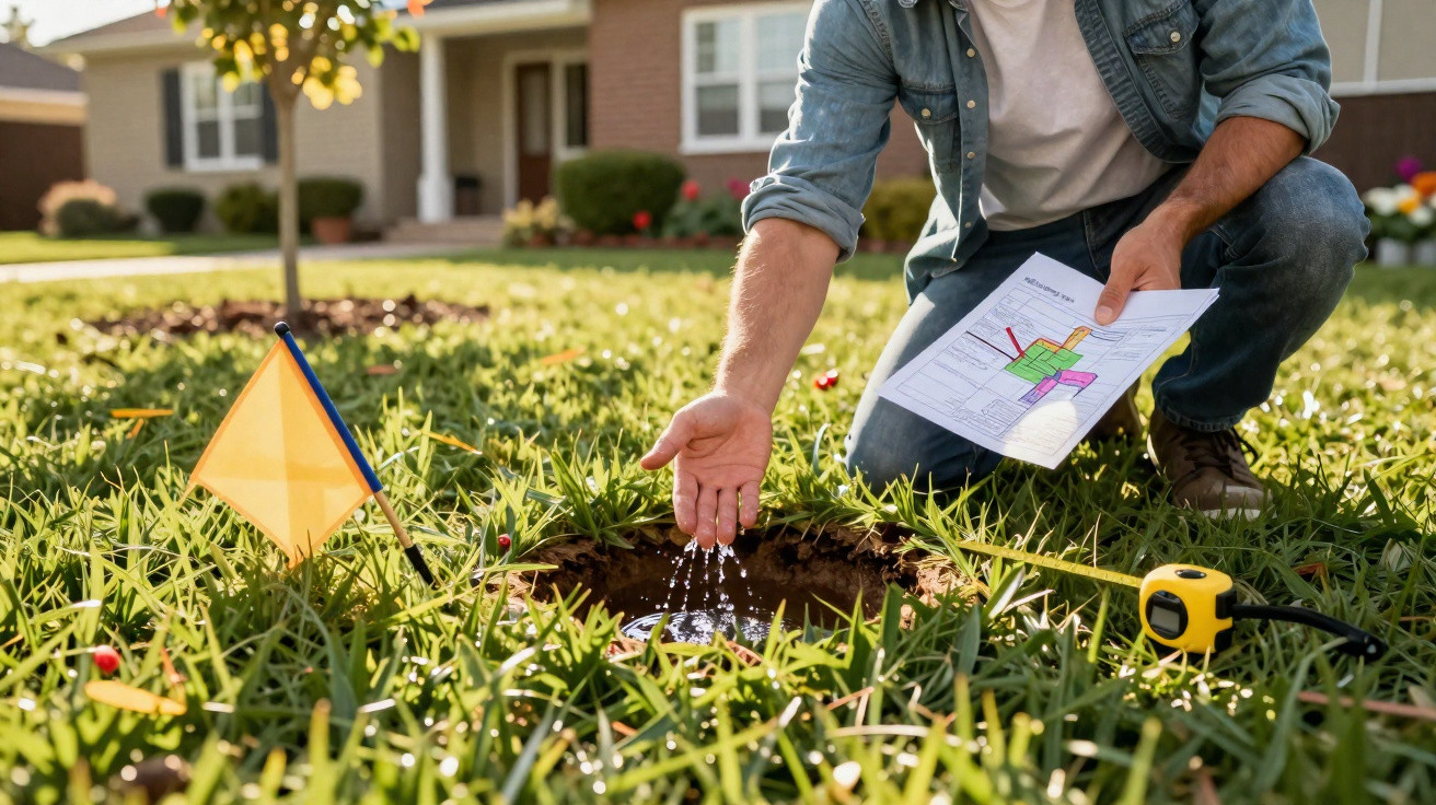 Person kneeling on lawn, pouring water into a hole with a map, measuring tape and marker flag nearby.