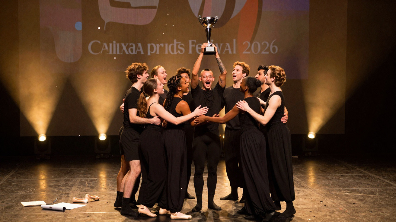 Group of dancers in black celebrating with a trophy on stage after winning at Caiixaa Prids Festival 2026.
