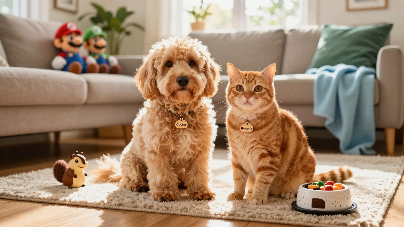 Curly-haired dog and tabby cat sitting side by side on a rug with toys and food bowl nearby in a bright living room.