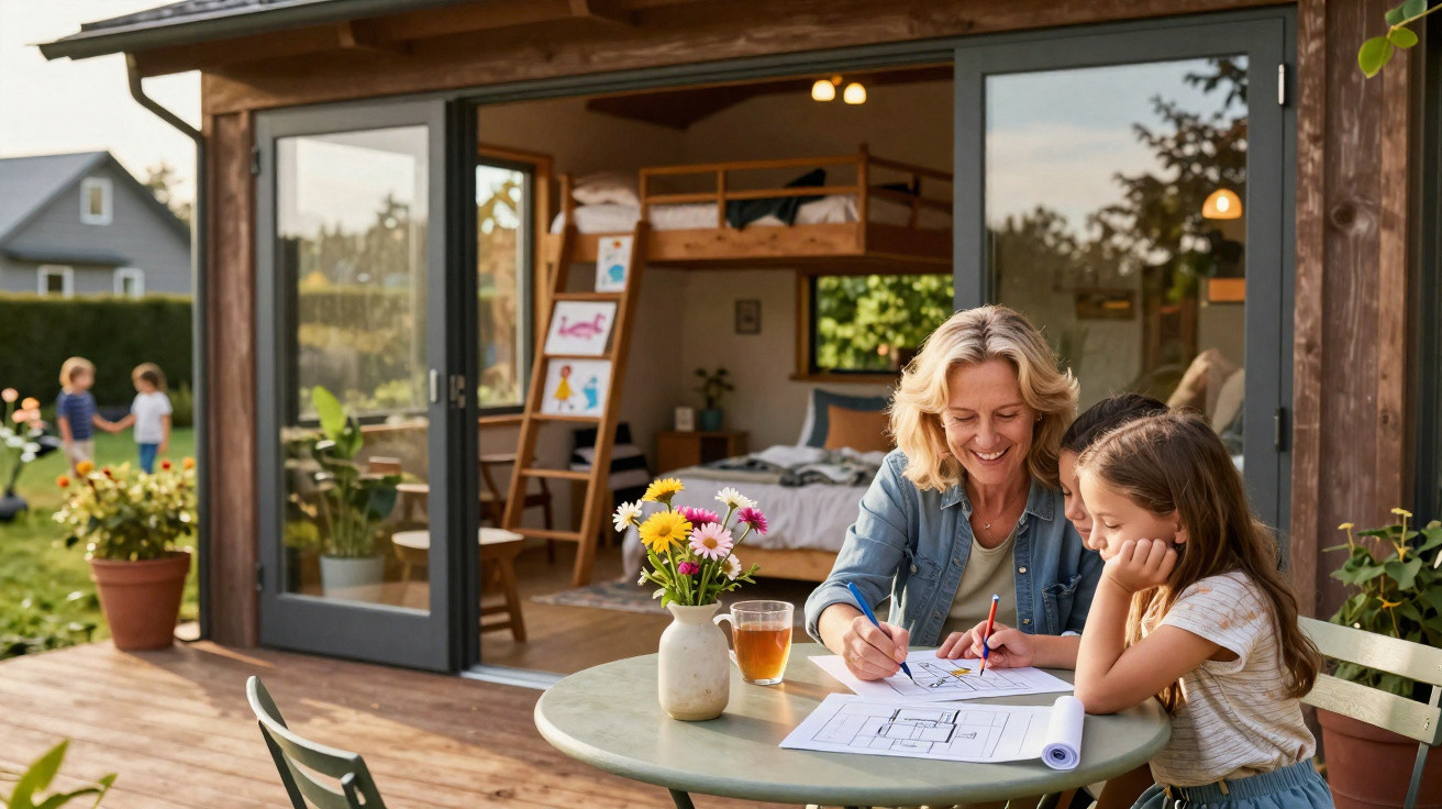 Woman and two children drawing plans at a table on a wooden deck outside a modern house with open doors.