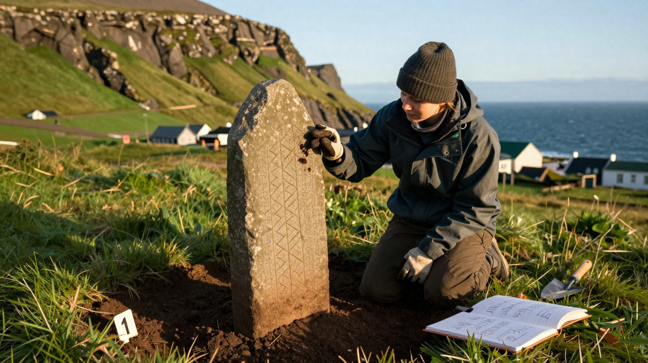 Person examining an ancient runestone in a grassy field with coastal cliffs and houses in the background.