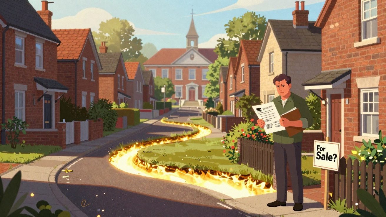 Man reading a document beside a "For Sale?" sign on a suburban street with a fiery trail winding through it.