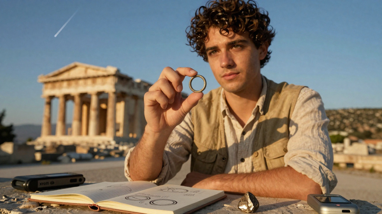 Young man holding a ring while sketching jewellery designs at an ancient Greek temple site on a sunny day.