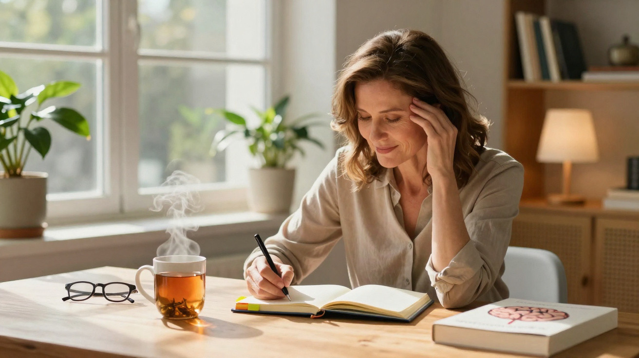 Woman writing in a notebook at a wooden desk with steaming tea, books, and plants by a sunlit window.