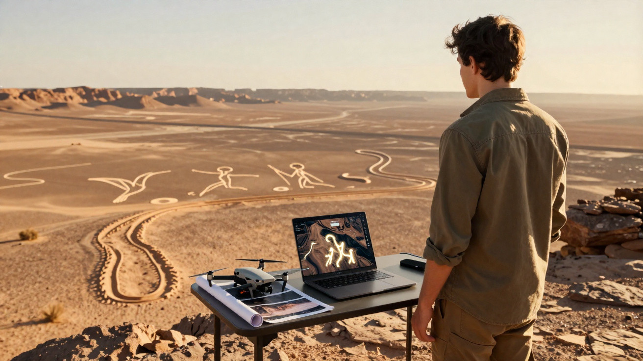 Man observing desert petroglyphs from a rocky ledge with a laptop and drone on a table.