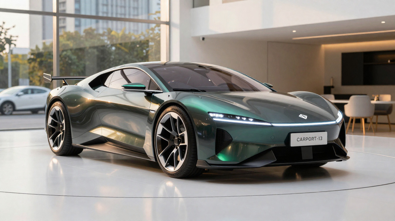 Glossy dark green electric sports car with sleek design and LED headlights displayed in modern showroom.