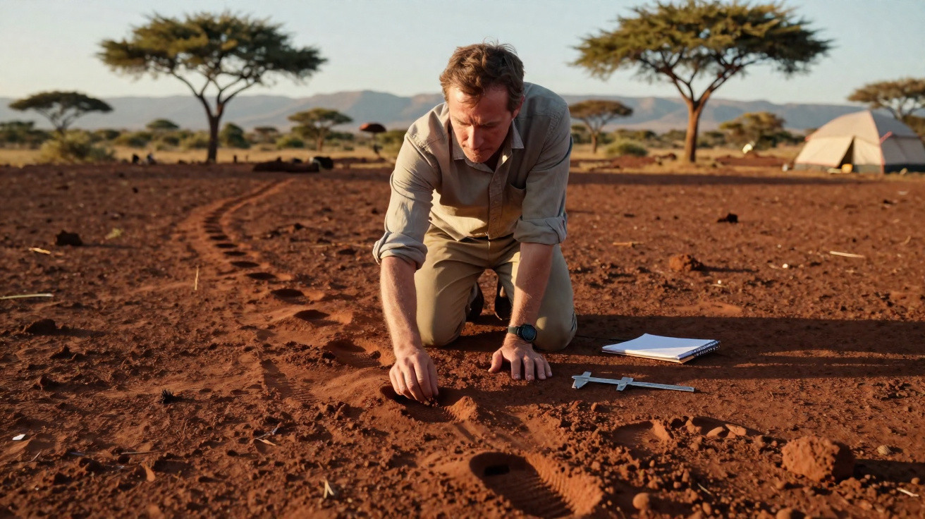 Man kneeling on red soil examining footprints with caliper and notebook nearby in a savannah landscape.