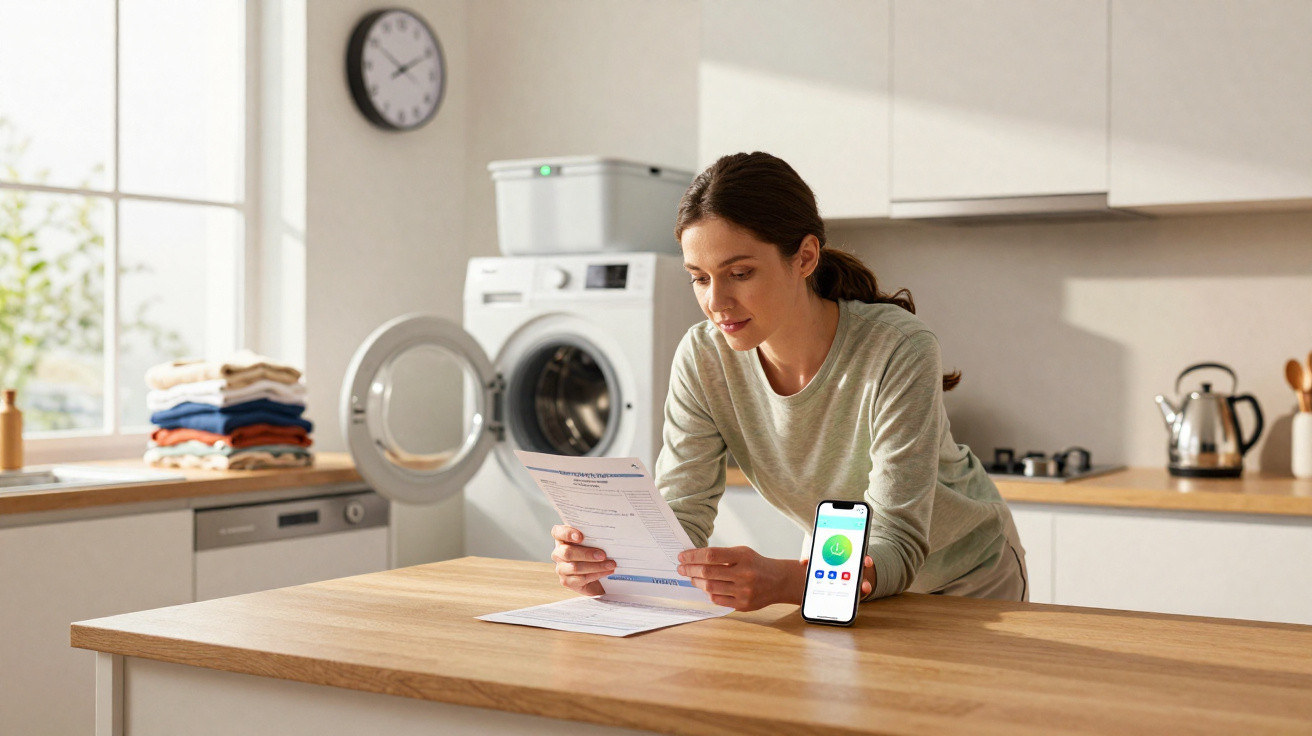 Woman reading a document in a modern kitchen with a washing machine and smartphone on the countertop.