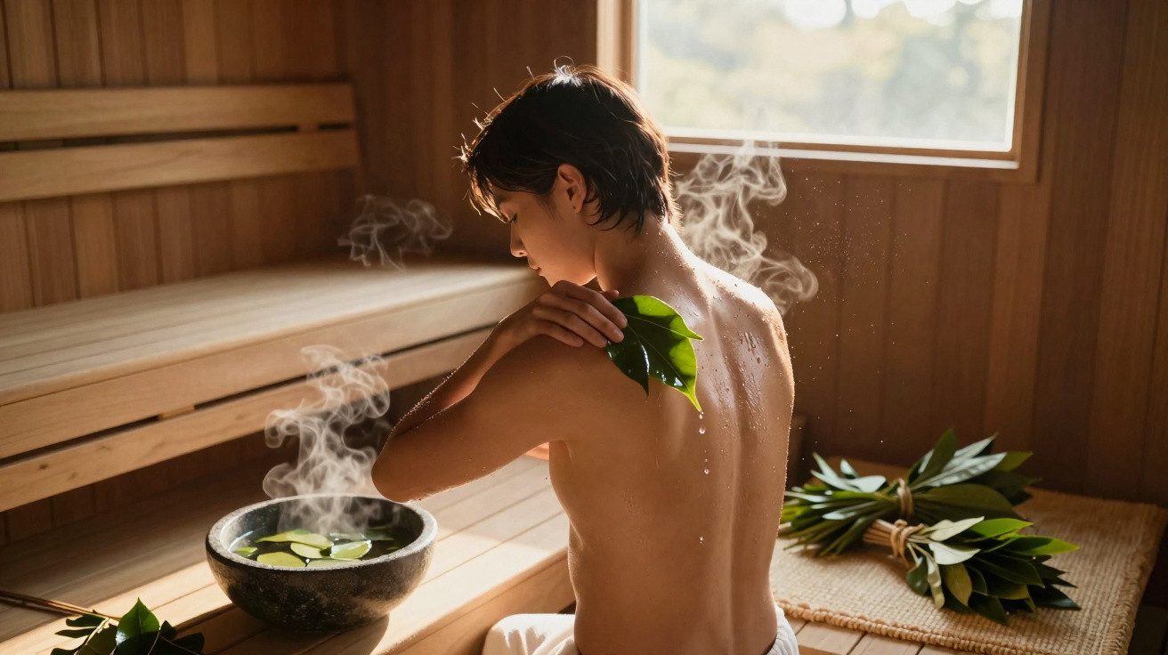 Person sitting in a wooden sauna, holding a green leaf with steam rising from a bowl nearby.