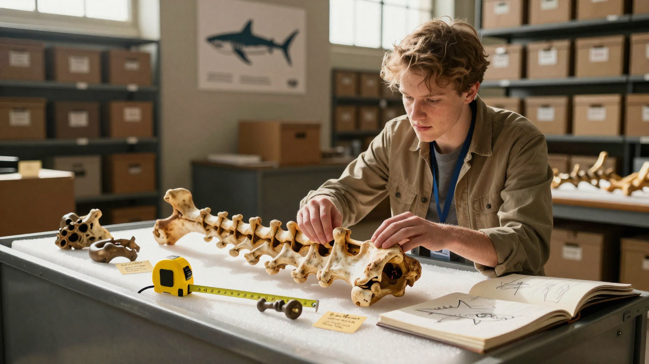 Young researcher examining a large vertebrae fossil on a table with measuring tools and sketchbook in a lab.