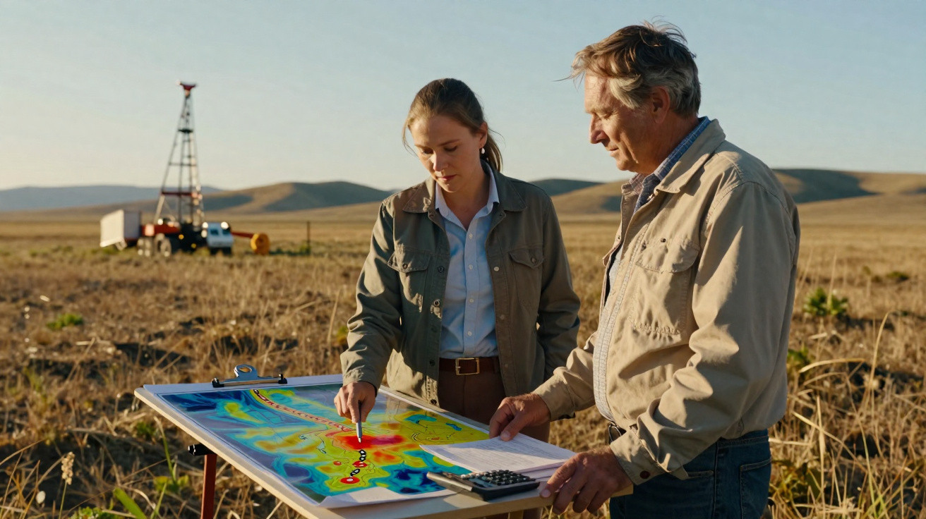 Two geologists examine a colourful topographic map outdoors with oil drilling equipment in the background.