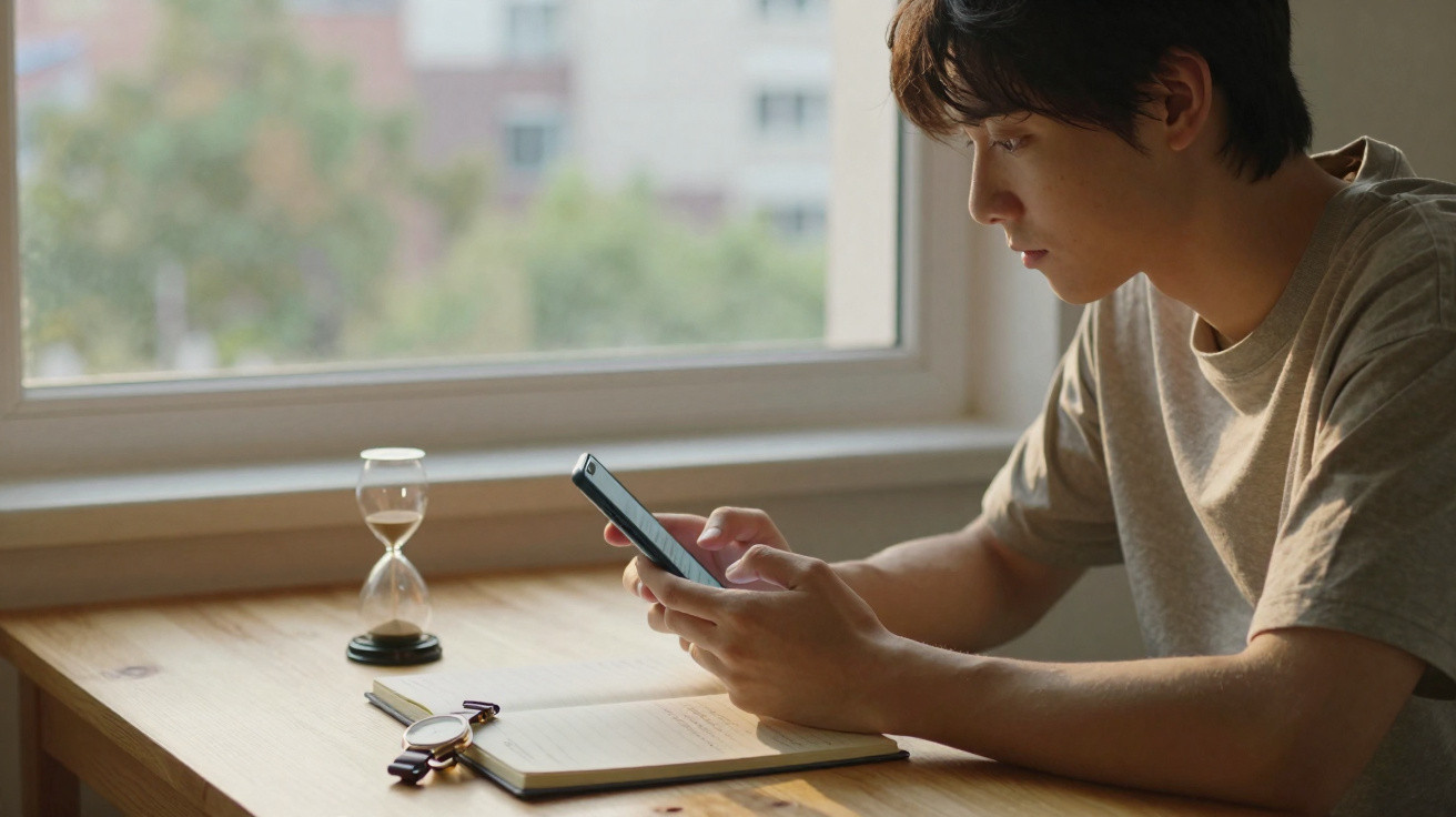 Young man sitting at a wooden desk near a window, using a smartphone with a notebook, watch, and hourglass nearby