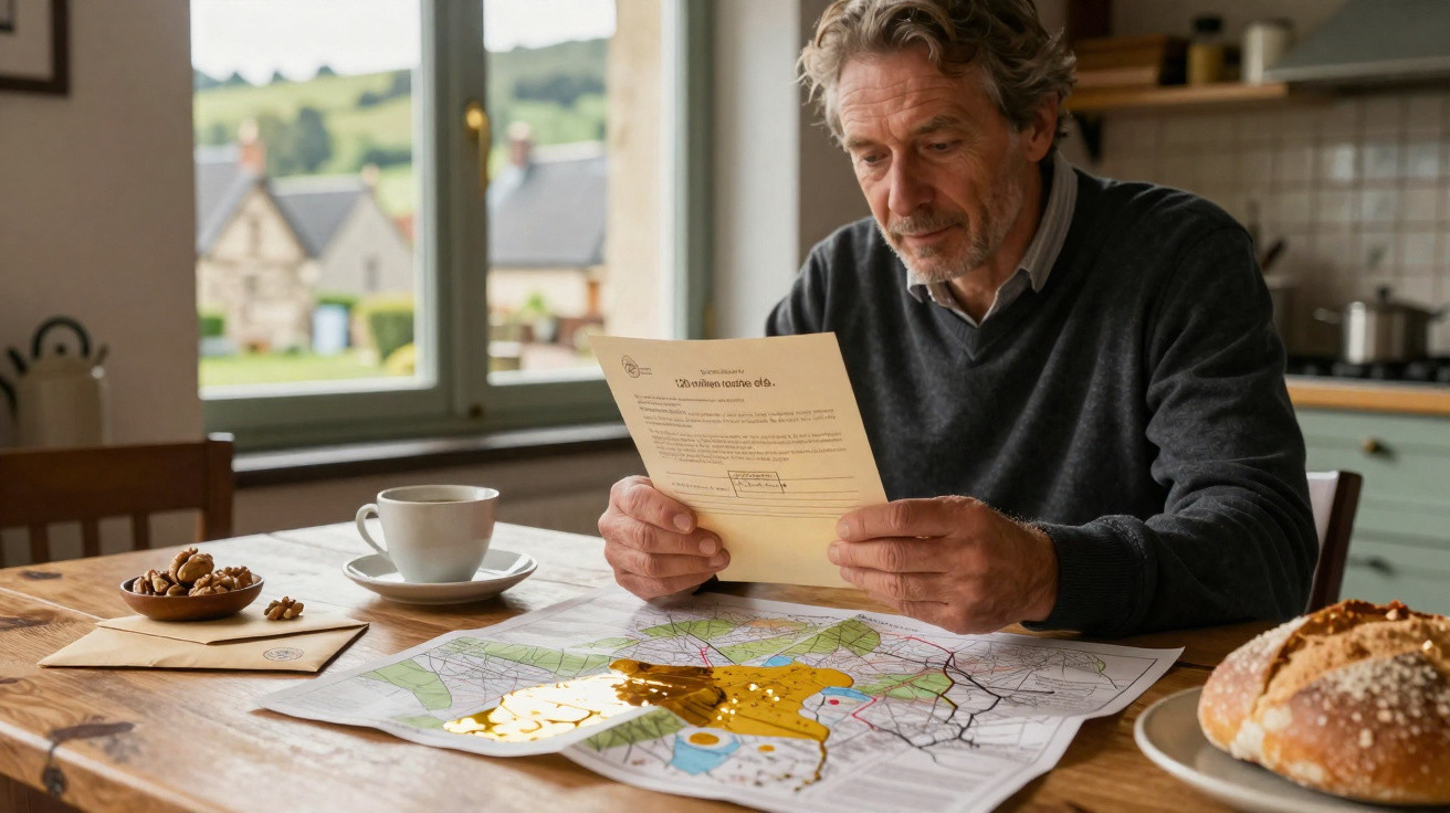 Older man sitting at a table, reading a letter, with a map, cup of tea, nuts, and bread nearby.