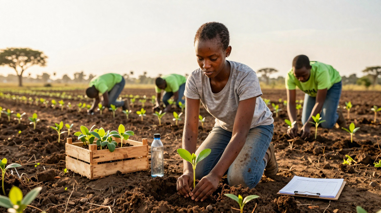 Young woman kneeling and planting seedlings in a field with others working in the background.