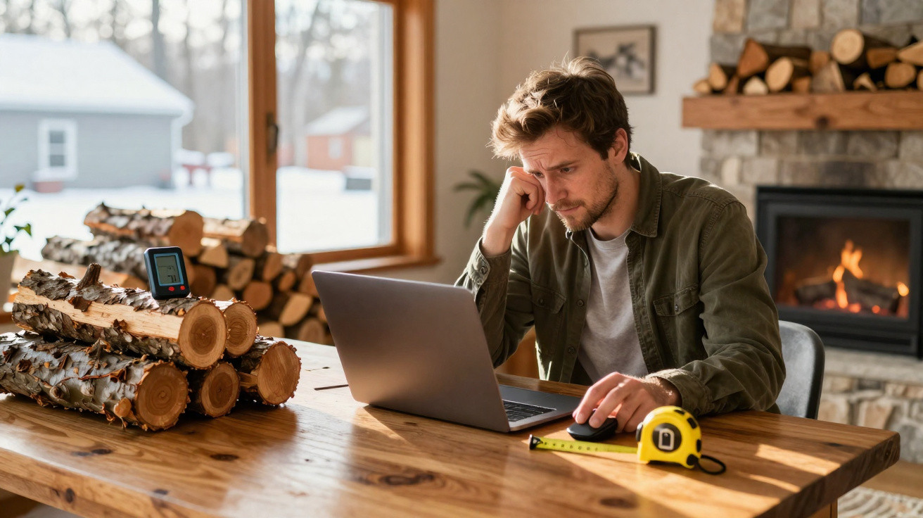 Man working on laptop at wooden table with firewood, measuring tape, and fireplace in the background.