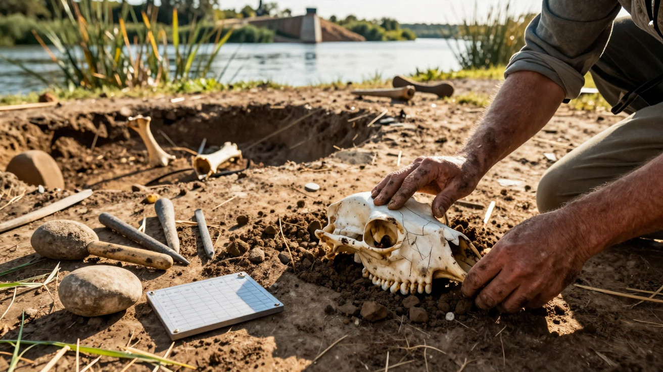 Archaeologist uncovered animal skull near water with excavation tools and a small whiteboard on the ground.